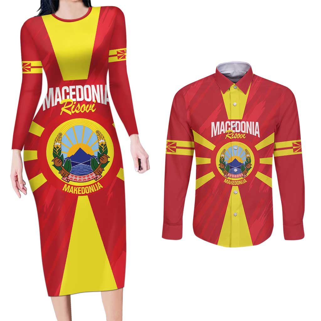 Custom Macedonia Football Couples Matching Long Sleeve Bodycon Dress and Long Sleeve Button Shirt Risovi Napred Makedonija