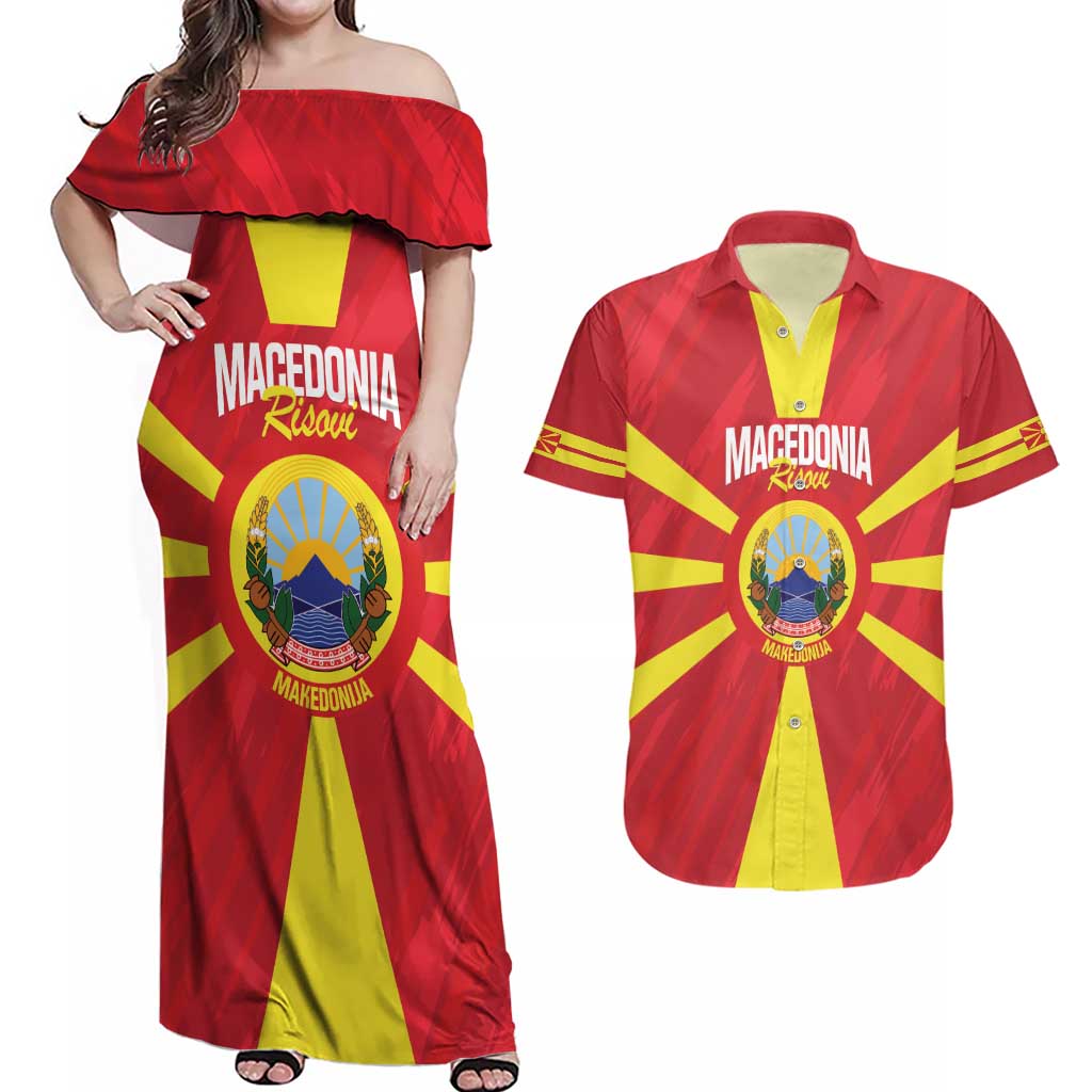 Custom Macedonia Football Couples Matching Off Shoulder Maxi Dress and Hawaiian Shirt Risovi Napred Makedonija