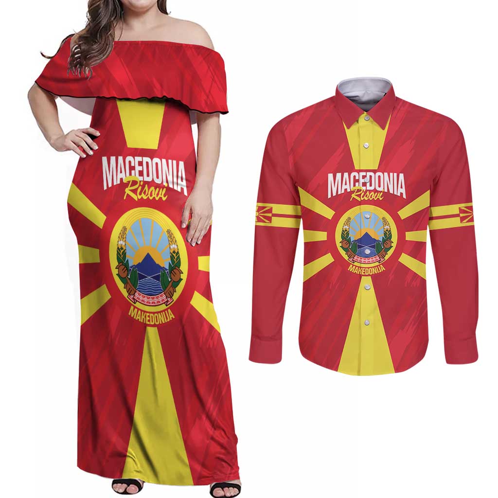 Custom Macedonia Football Couples Matching Off Shoulder Maxi Dress and Long Sleeve Button Shirt Risovi Napred Makedonija