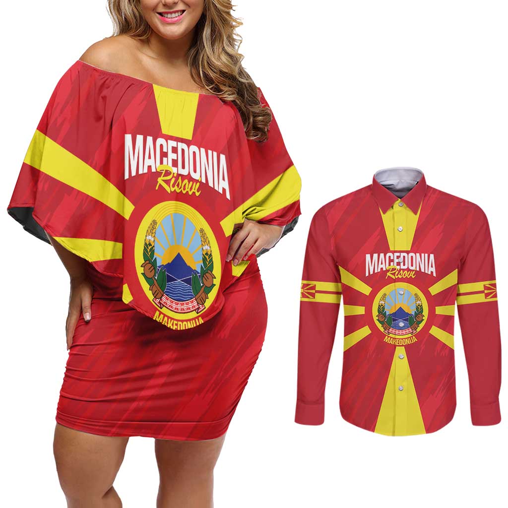 Custom Macedonia Football Couples Matching Off Shoulder Short Dress and Long Sleeve Button Shirt Risovi Napred Makedonija