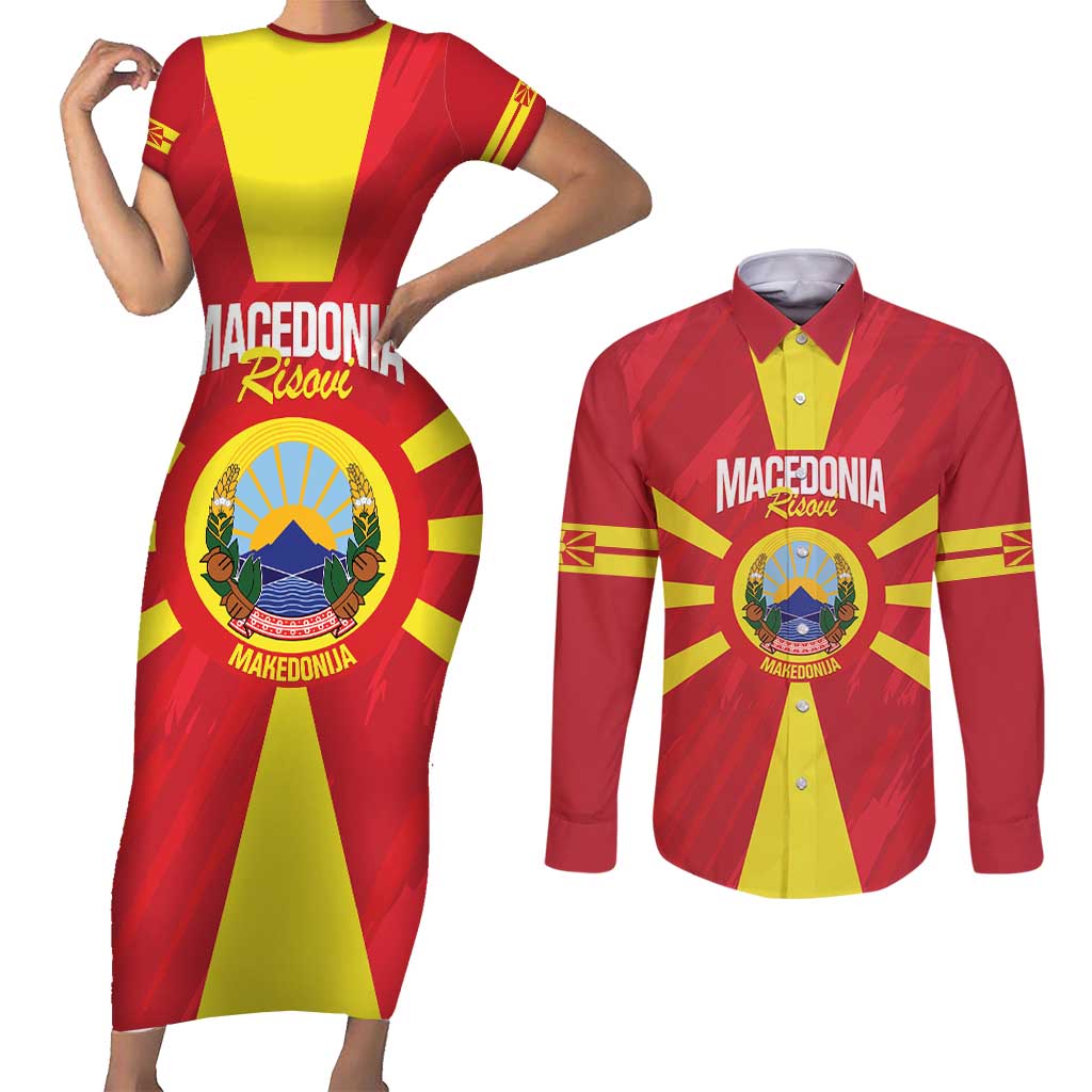 Custom Macedonia Football Couples Matching Short Sleeve Bodycon Dress and Long Sleeve Button Shirt Risovi Napred Makedonija
