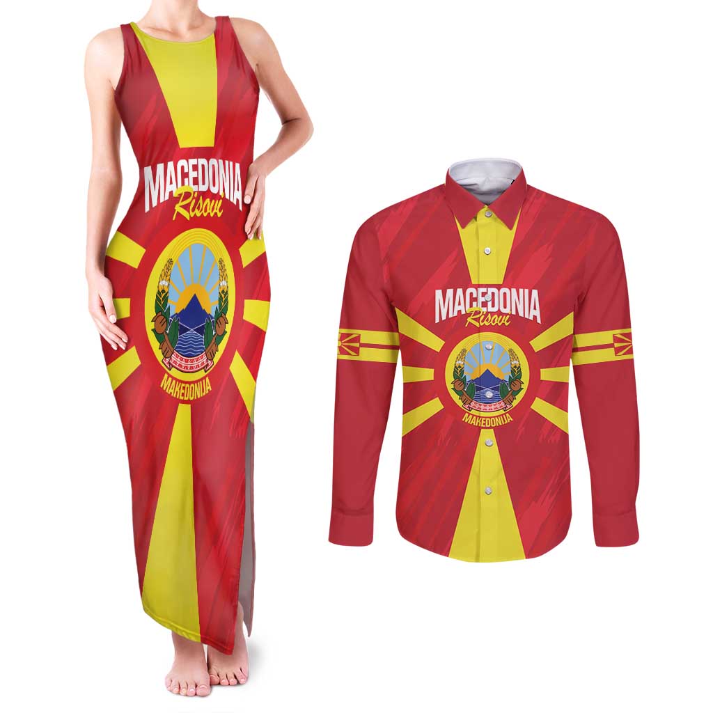 Custom Macedonia Football Couples Matching Tank Maxi Dress and Long Sleeve Button Shirt Risovi Napred Makedonija