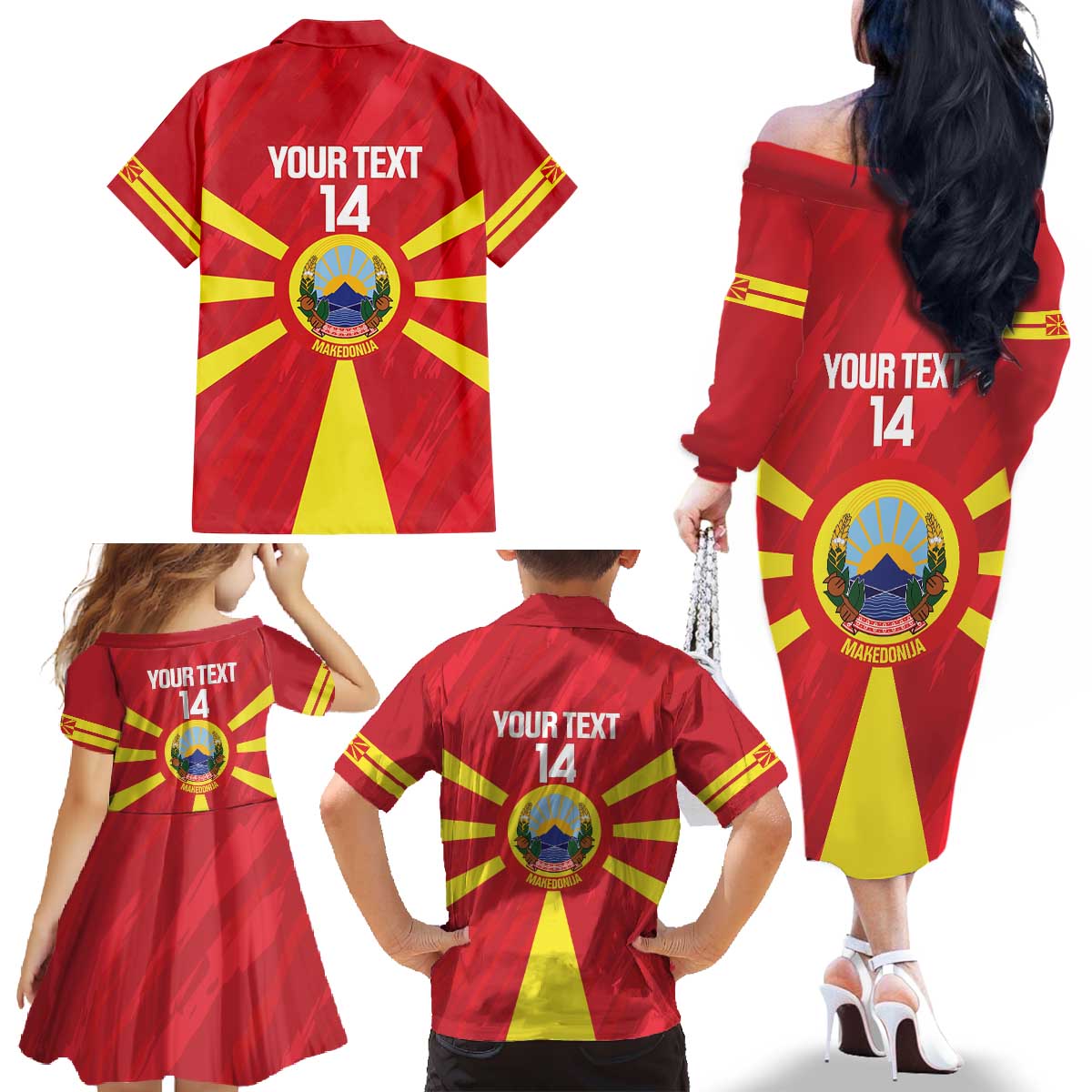 Custom Macedonia Football Family Matching Off The Shoulder Long Sleeve Dress and Hawaiian Shirt Risovi Napred Makedonija
