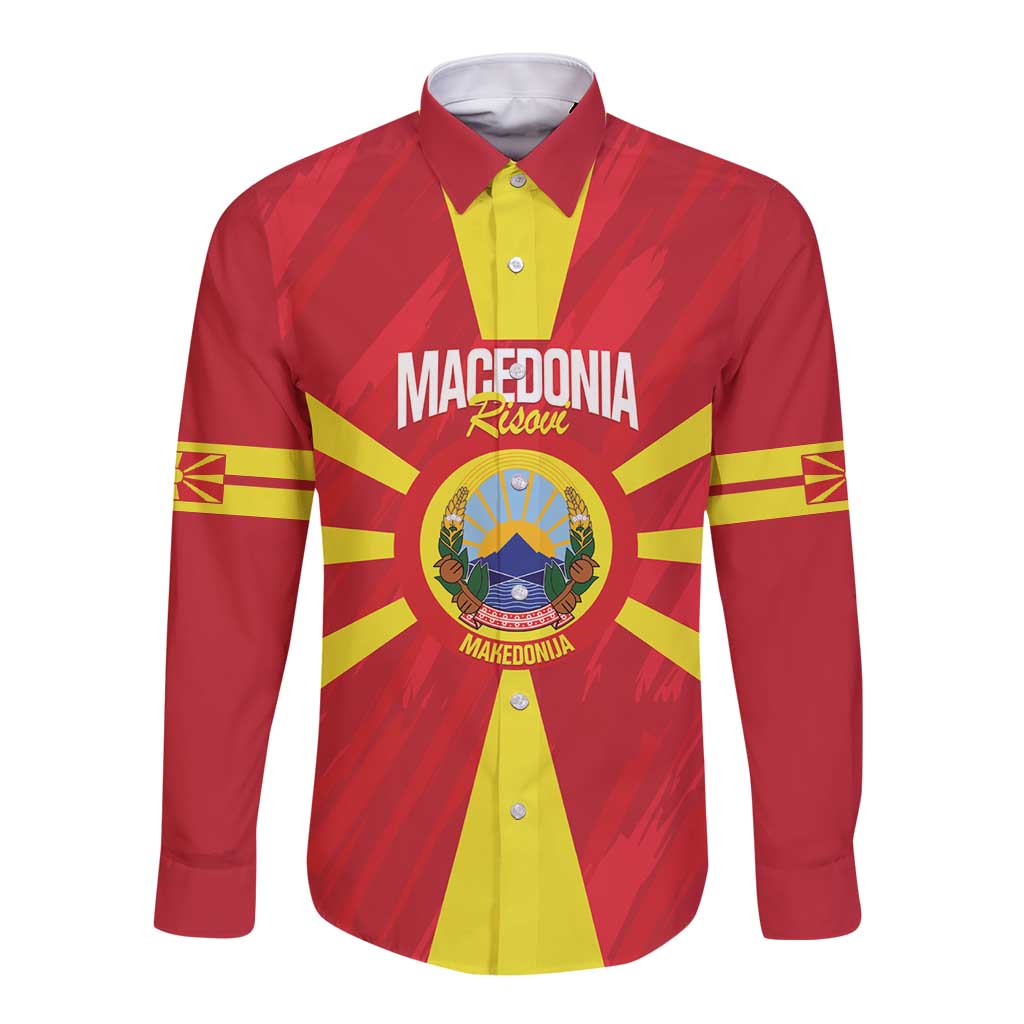 Custom Macedonia Football Long Sleeve Button Shirt Risovi Napred Makedonija