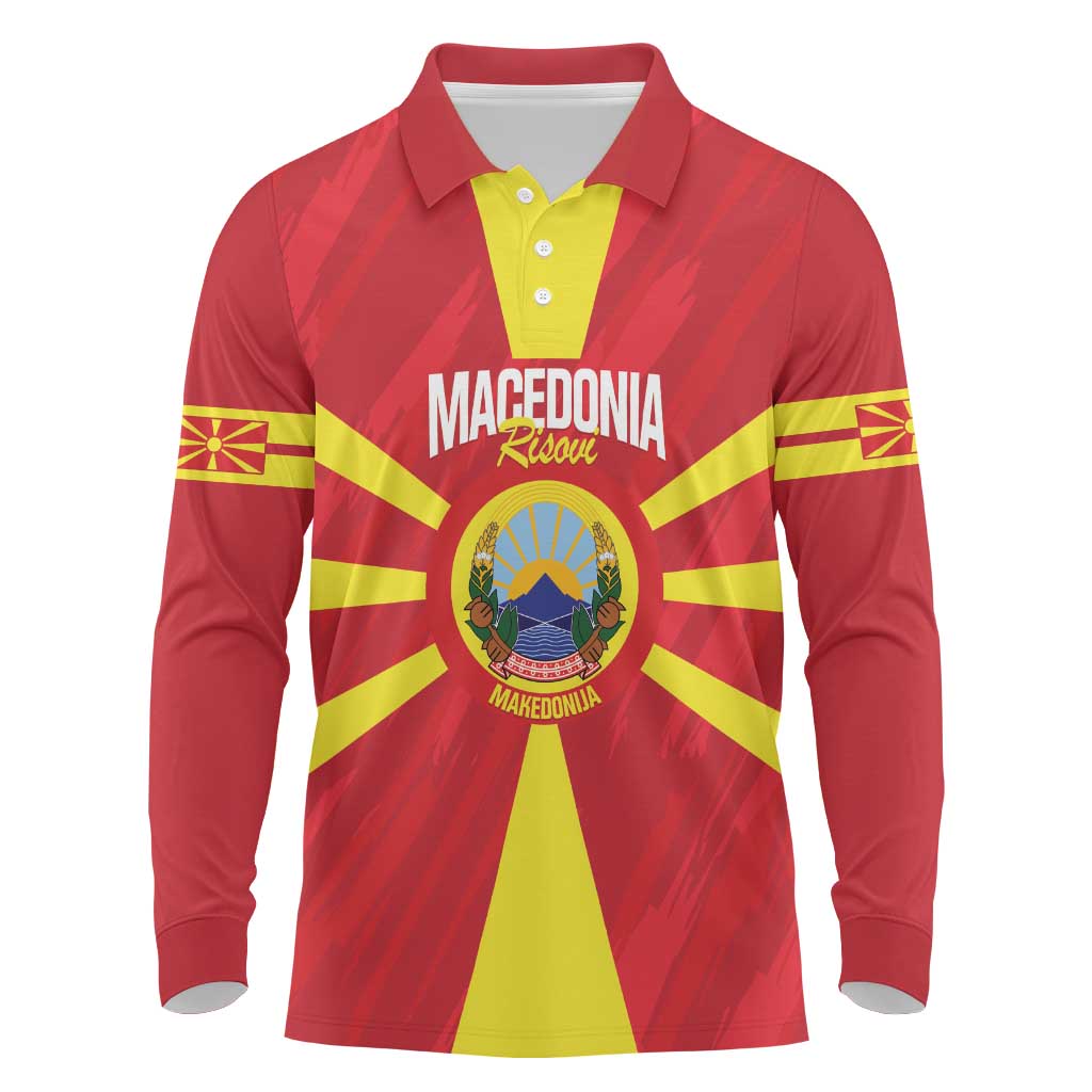 Custom Macedonia Football Long Sleeve Polo Shirt Risovi Napred Makedonija