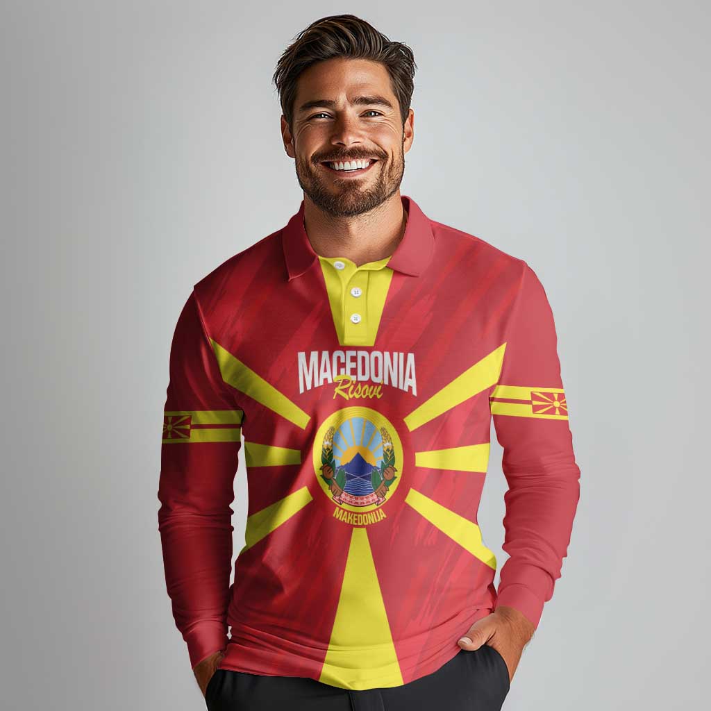 Custom Macedonia Football Long Sleeve Polo Shirt Risovi Napred Makedonija