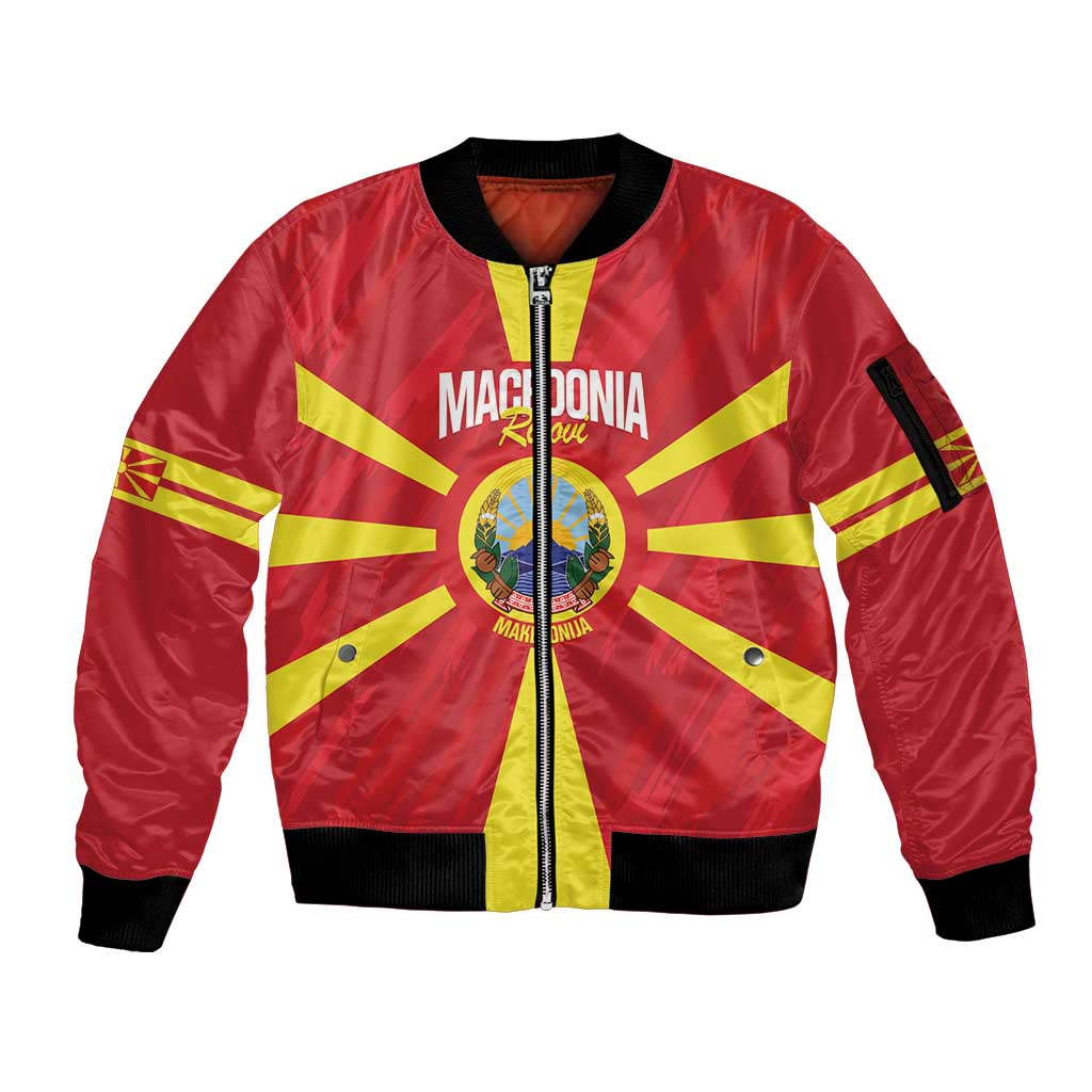 Custom Macedonia Football Sleeve Zip Bomber Jacket Risovi Napred Makedonija