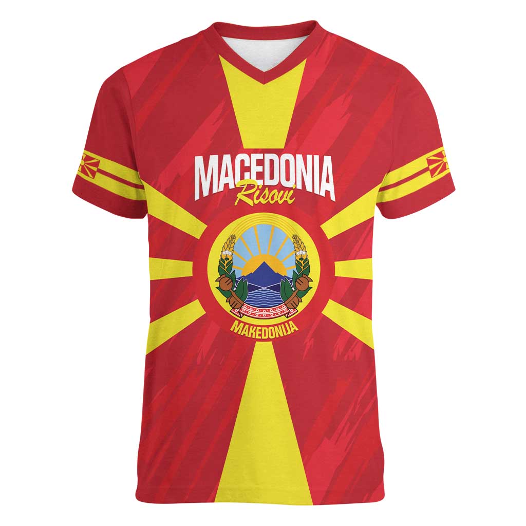 Custom Macedonia Football Women V-Neck T-Shirt Risovi Napred Makedonija