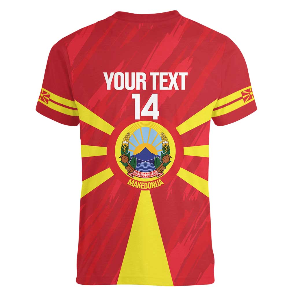 Custom Macedonia Football Women V-Neck T-Shirt Risovi Napred Makedonija