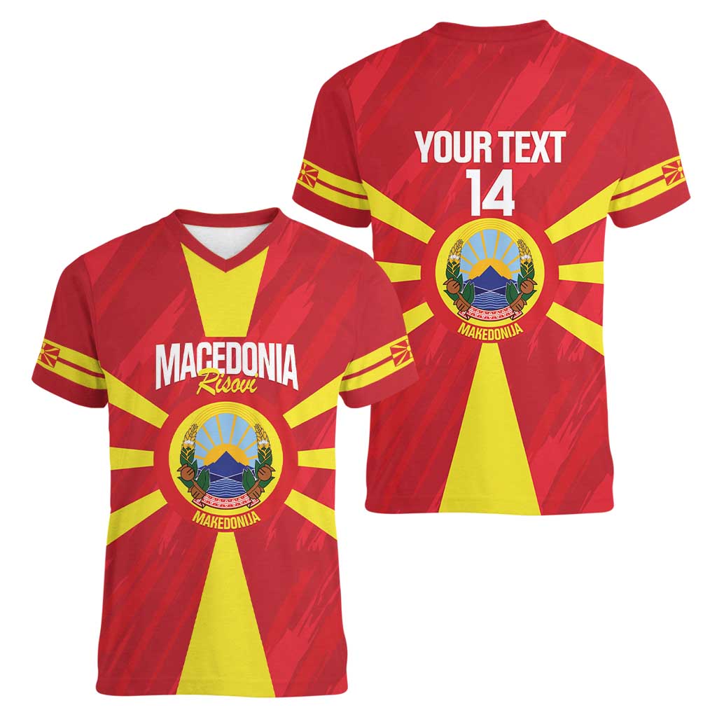 Custom Macedonia Football Women V-Neck T-Shirt Risovi Napred Makedonija