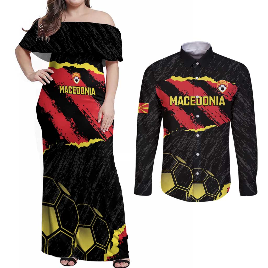 Custom Macedonia Football Couples Matching Off Shoulder Maxi Dress and Long Sleeve Button Shirt Go Champions Risovi
