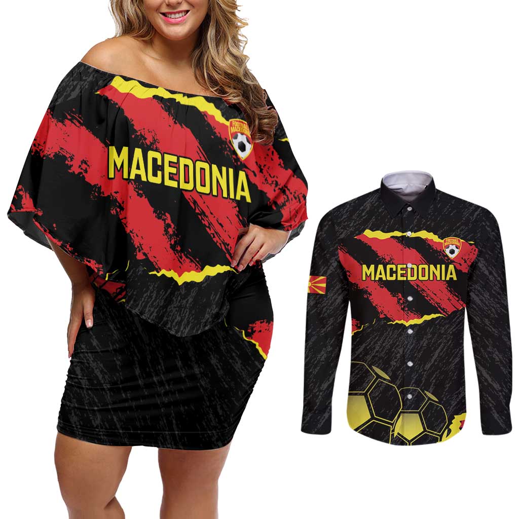 Custom Macedonia Football Couples Matching Off Shoulder Short Dress and Long Sleeve Button Shirt Go Champions Risovi