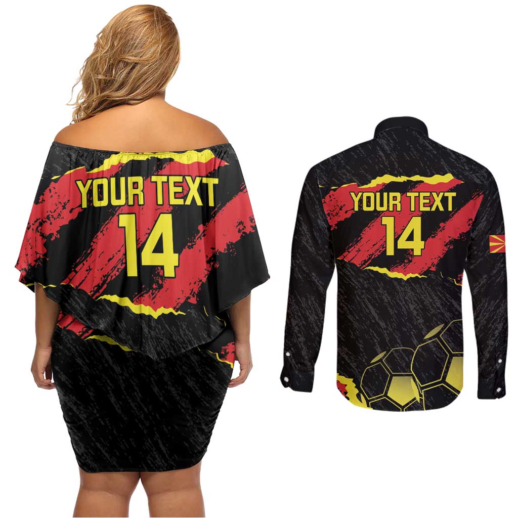 Custom Macedonia Football Couples Matching Off Shoulder Short Dress and Long Sleeve Button Shirt Go Champions Risovi