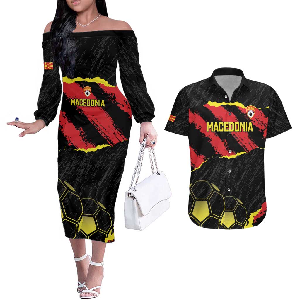 Custom Macedonia Football Couples Matching Off The Shoulder Long Sleeve Dress and Hawaiian Shirt Go Champions Risovi