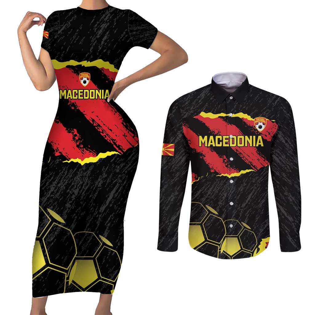 Custom Macedonia Football Couples Matching Short Sleeve Bodycon Dress and Long Sleeve Button Shirt Go Champions Risovi