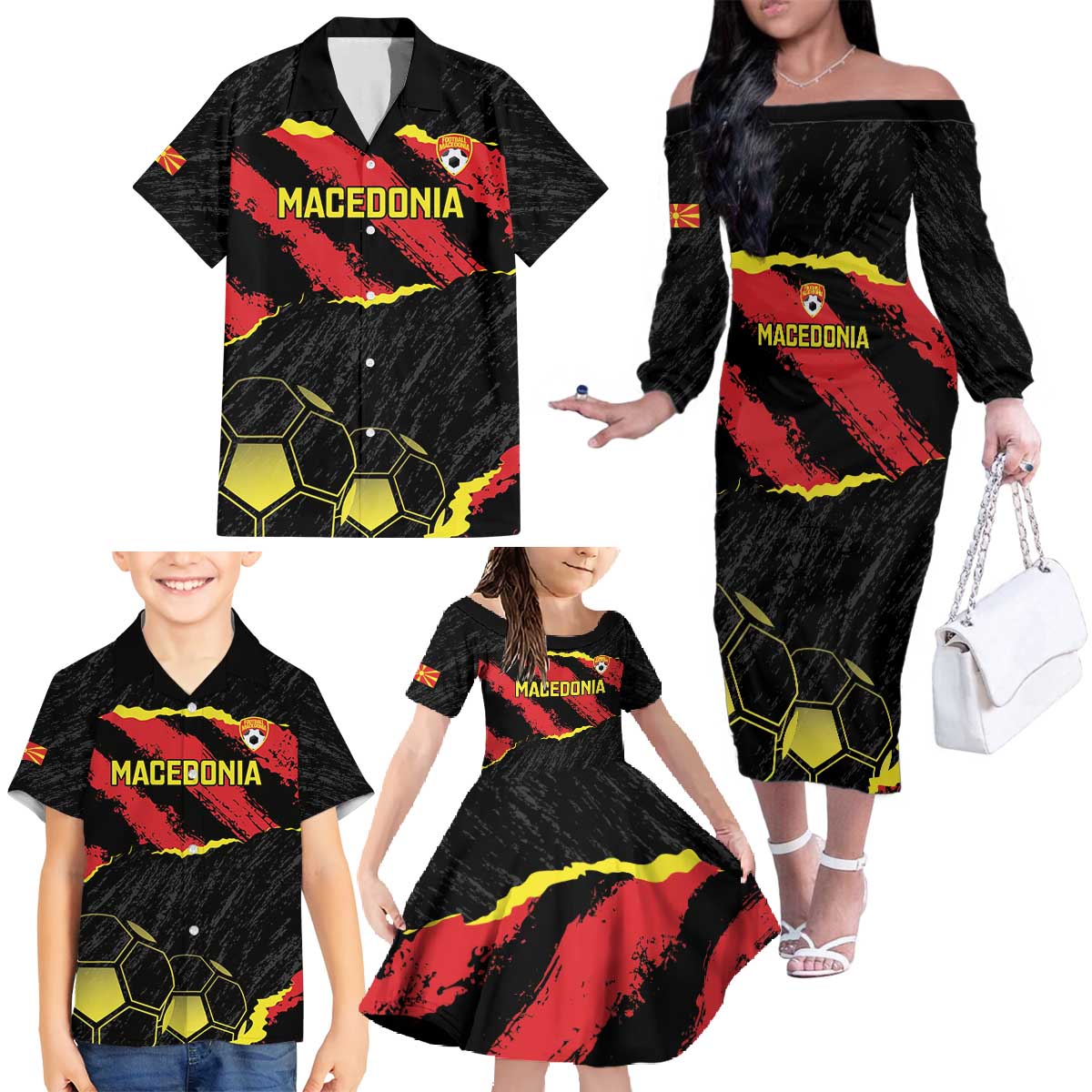 Custom Macedonia Football Family Matching Off The Shoulder Long Sleeve Dress and Hawaiian Shirt Go Champions Risovi