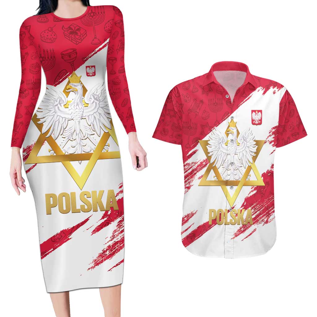 Jewish Festival Poland Couples Matching Long Sleeve Bodycon Dress and Hawaiian Shirt Polska Eagle Star Of David