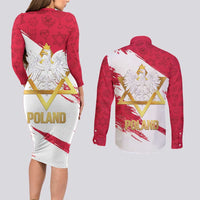 Jewish Festival Poland Couples Matching Long Sleeve Bodycon Dress and Long Sleeve Button Shirt Polska Eagle Star Of David