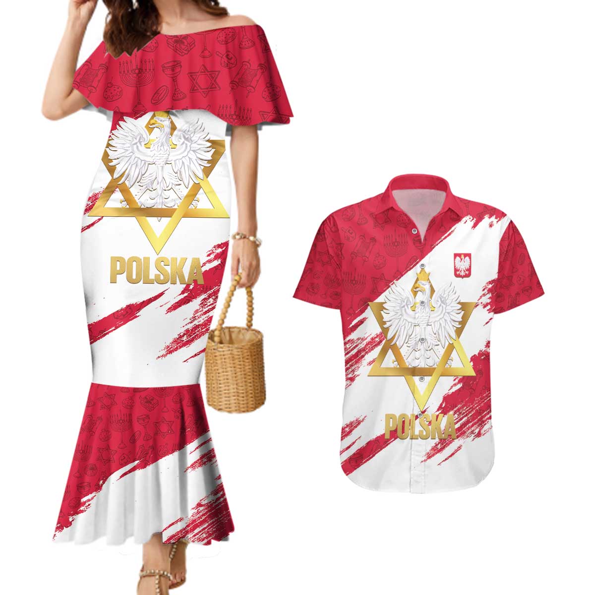 Jewish Festival Poland Couples Matching Mermaid Dress and Hawaiian Shirt Polska Eagle Star Of David