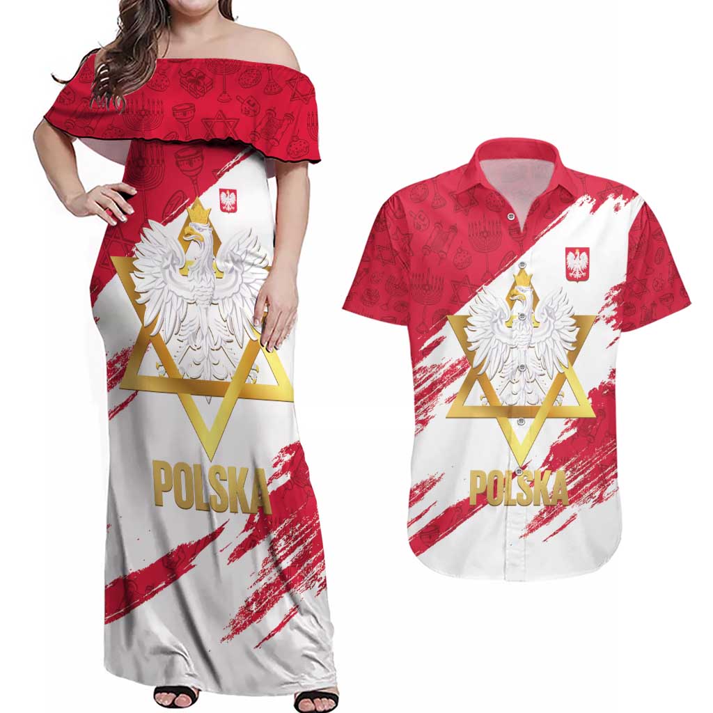 Jewish Festival Poland Couples Matching Off Shoulder Maxi Dress and Hawaiian Shirt Polska Eagle Star Of David
