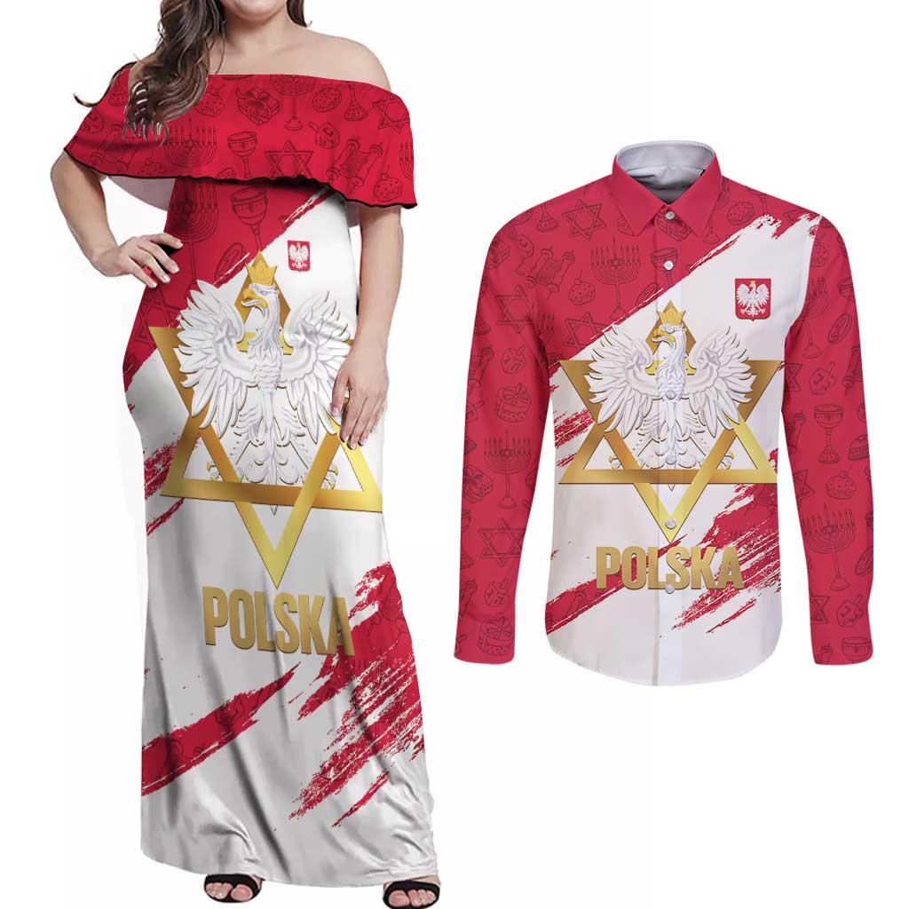 Jewish Festival Poland Couples Matching Off Shoulder Maxi Dress and Long Sleeve Button Shirt Polska Eagle Star Of David