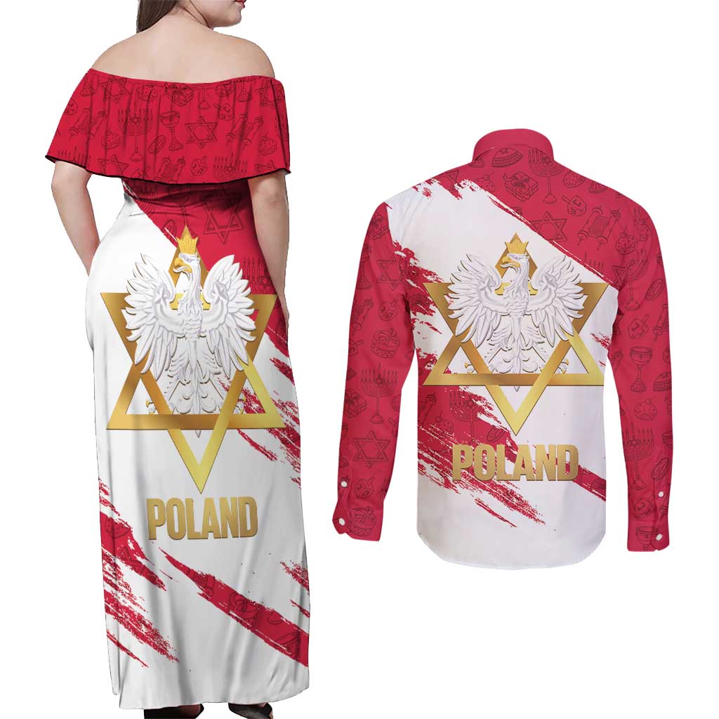 Jewish Festival Poland Couples Matching Off Shoulder Maxi Dress and Long Sleeve Button Shirt Polska Eagle Star Of David