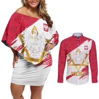 Jewish Festival Poland Couples Matching Off Shoulder Short Dress and Long Sleeve Button Shirt Polska Eagle Star Of David