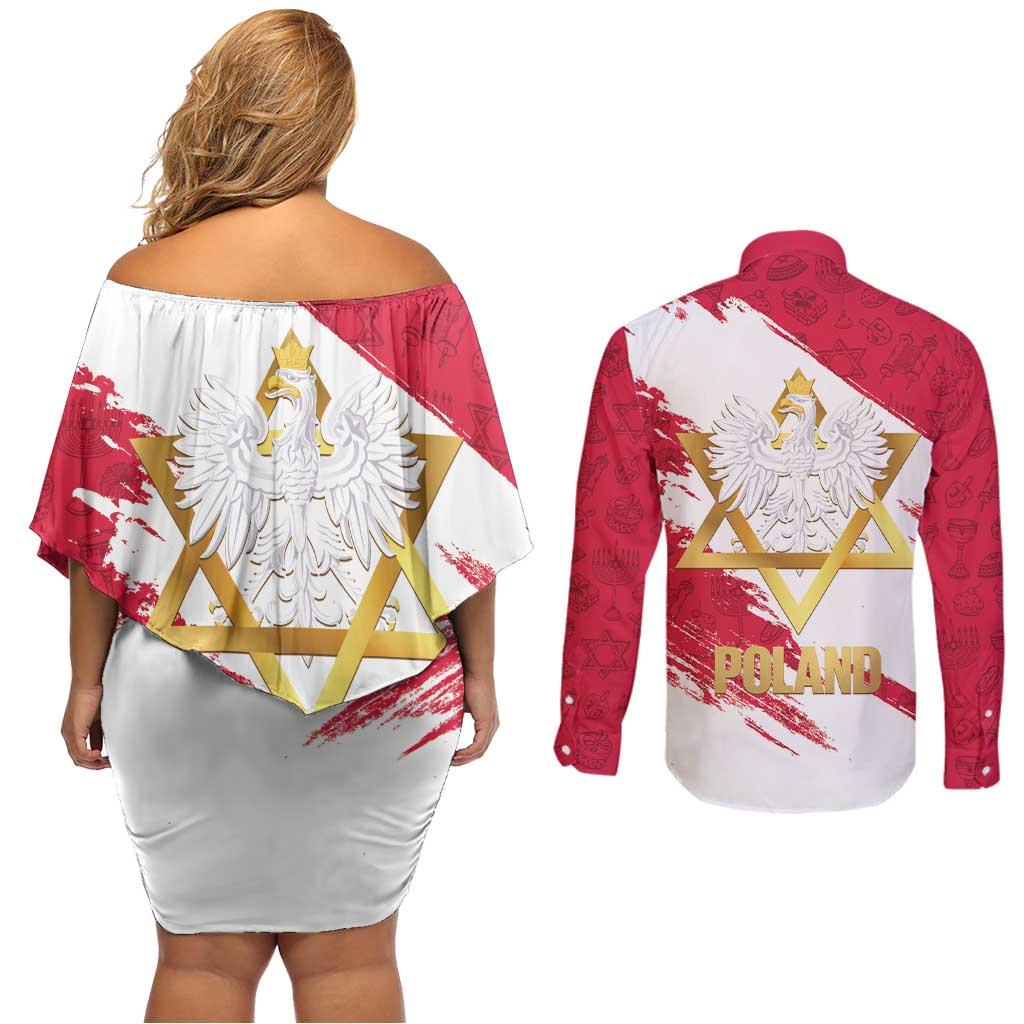 Jewish Festival Poland Couples Matching Off Shoulder Short Dress and Long Sleeve Button Shirt Polska Eagle Star Of David
