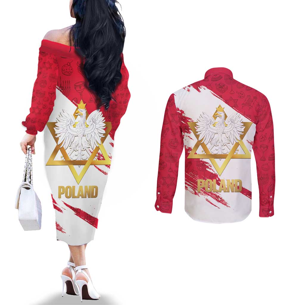 Jewish Festival Poland Couples Matching Off The Shoulder Long Sleeve Dress and Long Sleeve Button Shirt Polska Eagle Star Of David