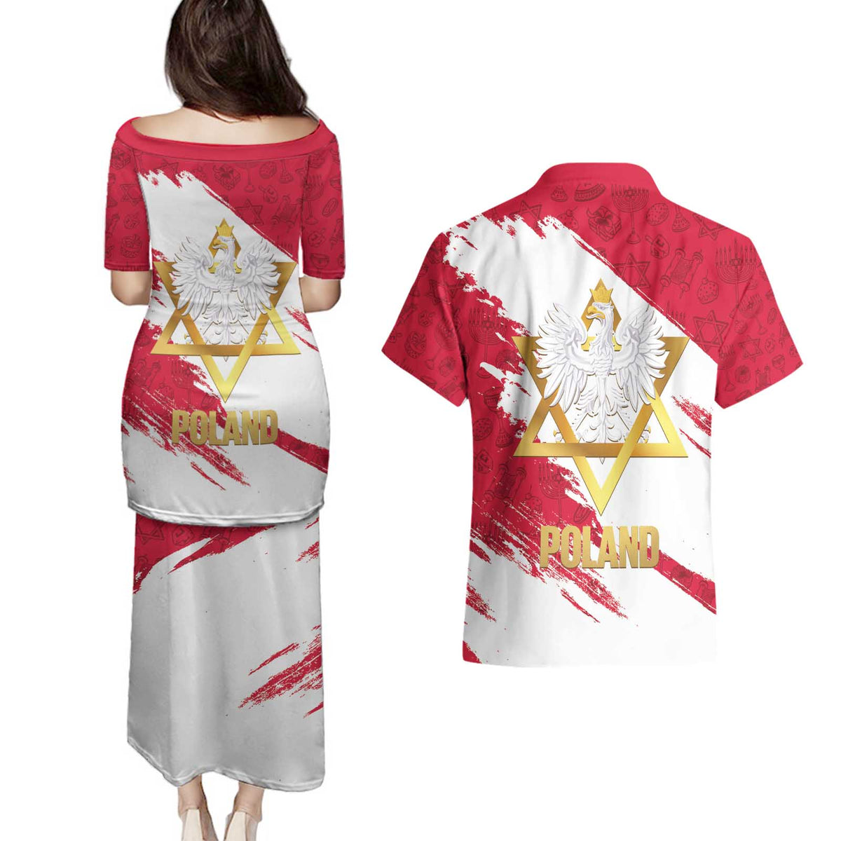 Jewish Festival Poland Couples Matching Puletasi and Hawaiian Shirt Polska Eagle Star Of David