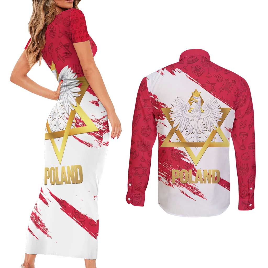 Jewish Festival Poland Couples Matching Short Sleeve Bodycon Dress and Long Sleeve Button Shirt Polska Eagle Star Of David