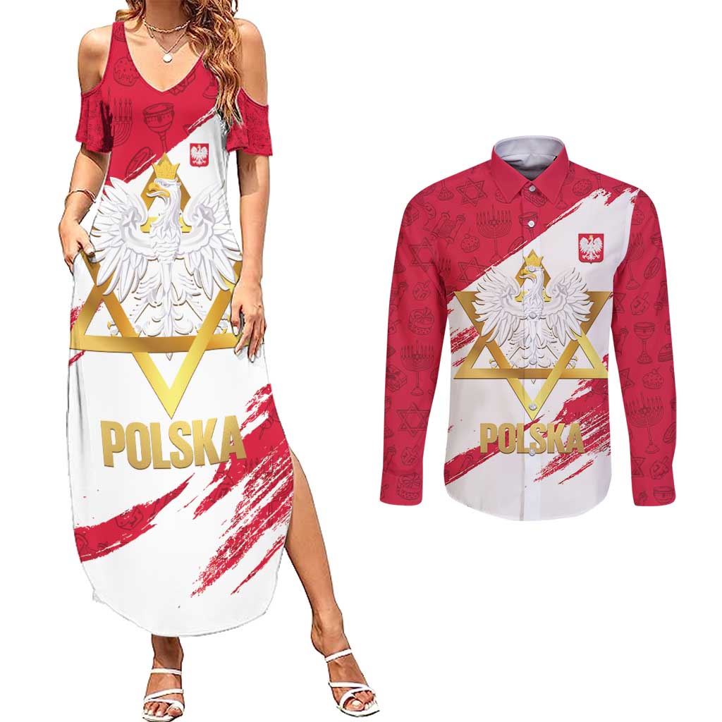 Jewish Festival Poland Couples Matching Summer Maxi Dress and Long Sleeve Button Shirt Polska Eagle Star Of David