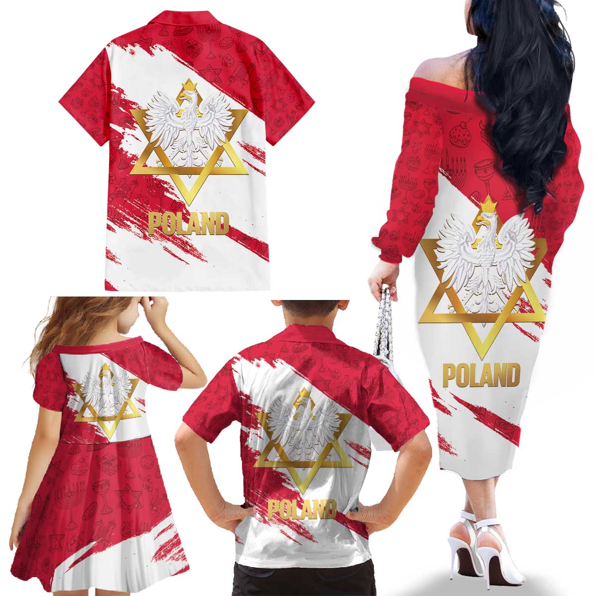 Jewish Festival Poland Family Matching Off The Shoulder Long Sleeve Dress and Hawaiian Shirt Polska Eagle Star Of David