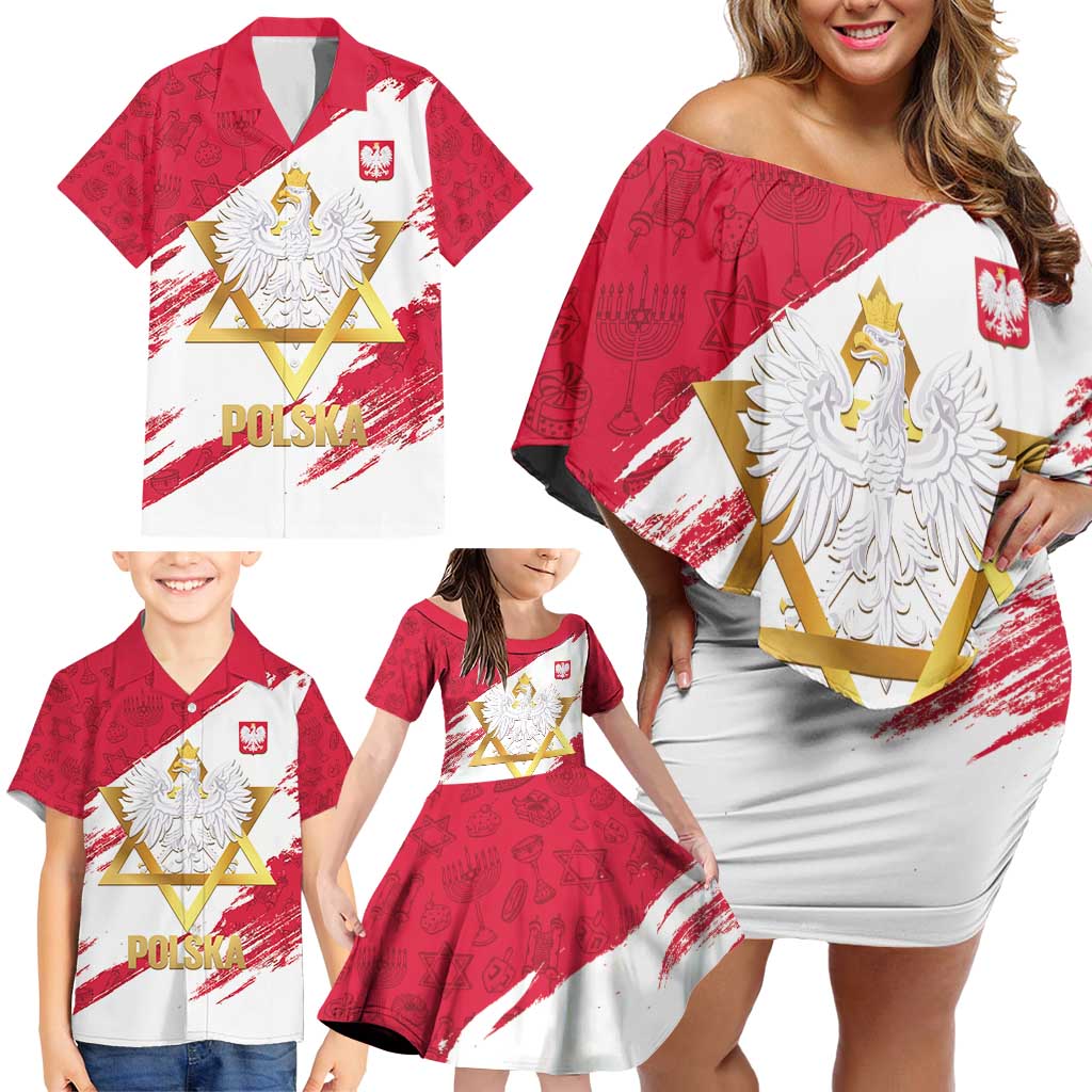 Jewish Festival Poland Family Matching Off Shoulder Short Dress and Hawaiian Shirt Polska Eagle Star Of David