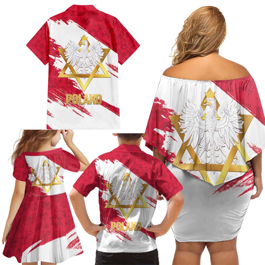 Jewish Festival Poland Family Matching Off Shoulder Short Dress and Hawaiian Shirt Polska Eagle Star Of David