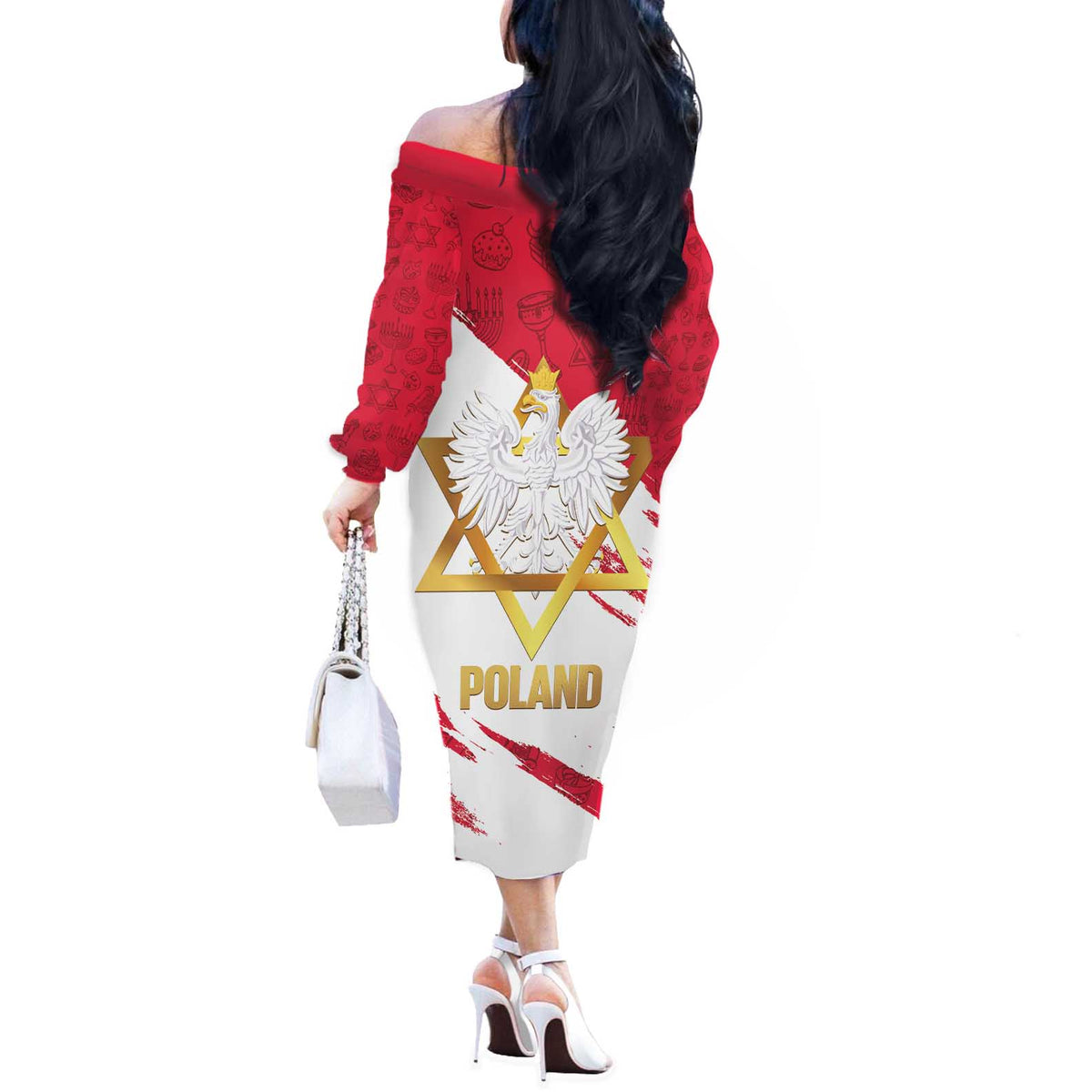 Jewish Festival Poland Off The Shoulder Long Sleeve Dress Polska Eagle Star Of David