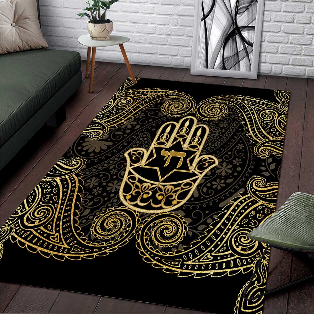 Jewish Hamsa Chai Area Rug Gold Paisley Pattern