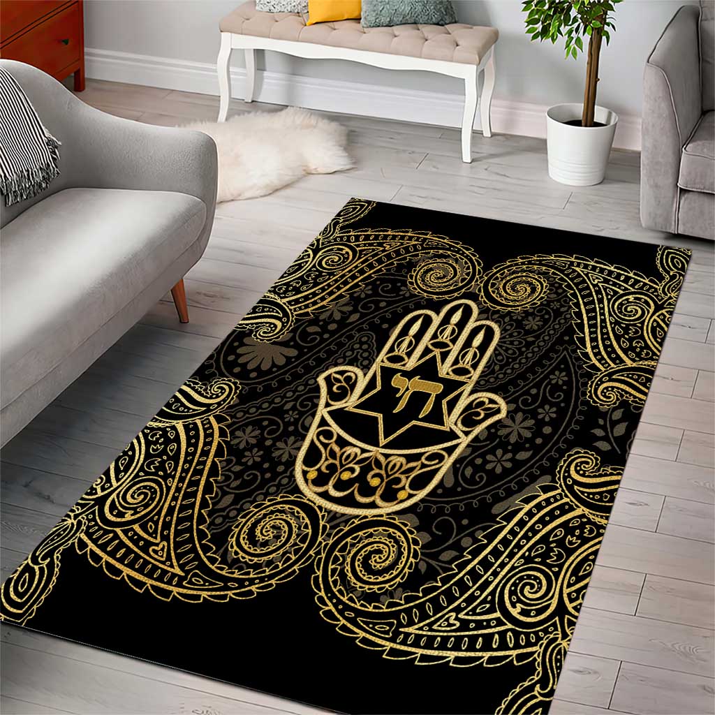 Jewish Hamsa Chai Area Rug Gold Paisley Pattern