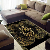 Jewish Hamsa Chai Area Rug Gold Paisley Pattern