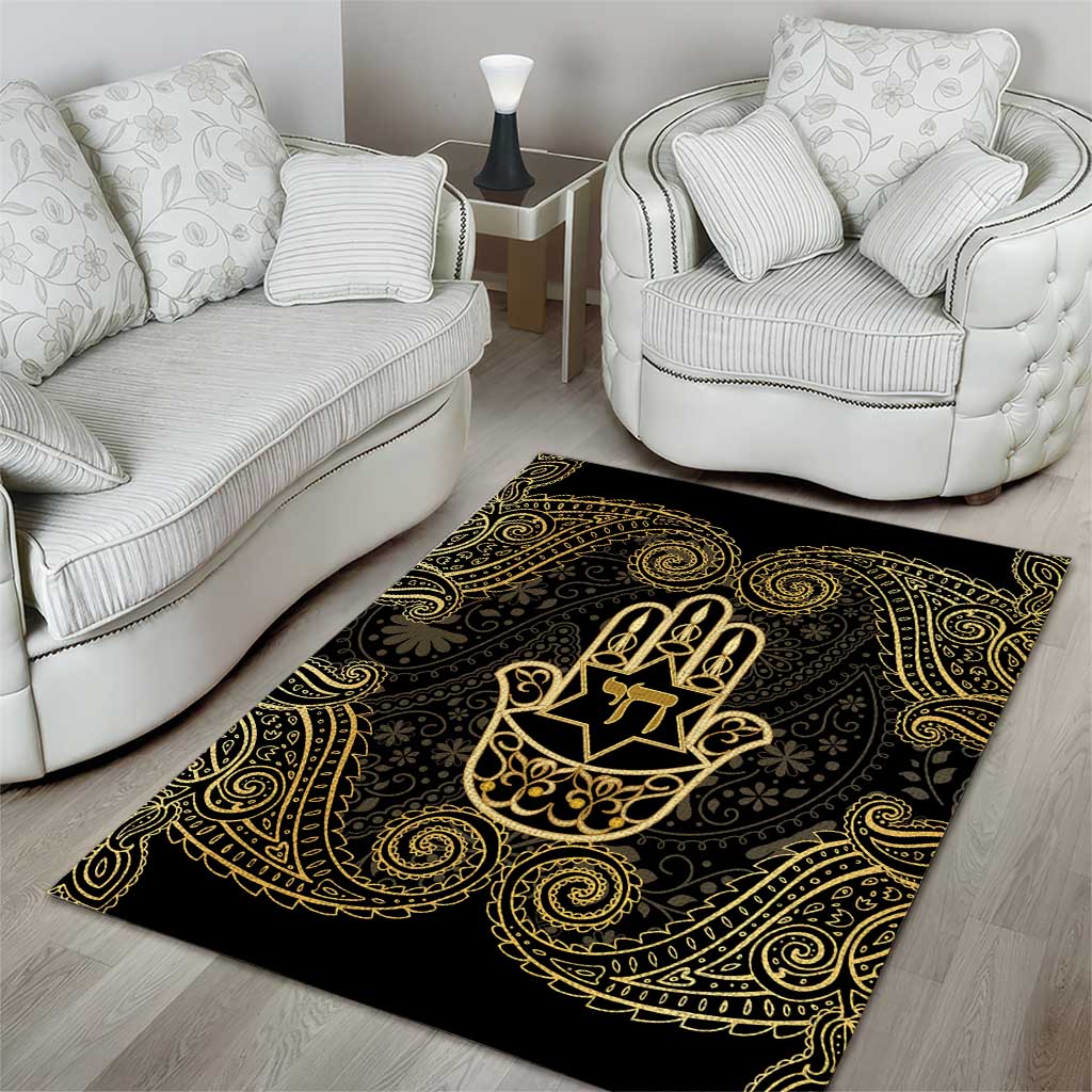 Jewish Hamsa Chai Area Rug Gold Paisley Pattern