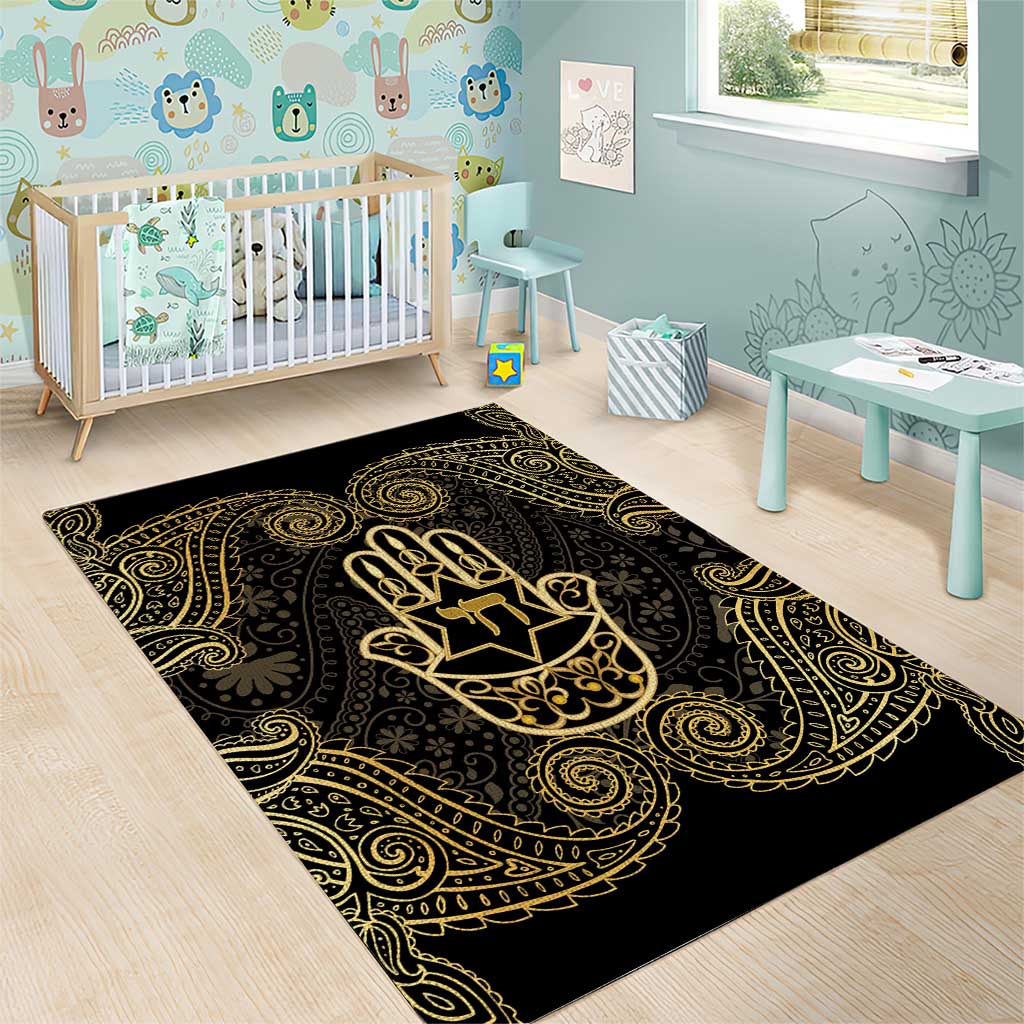 Jewish Hamsa Chai Area Rug Gold Paisley Pattern