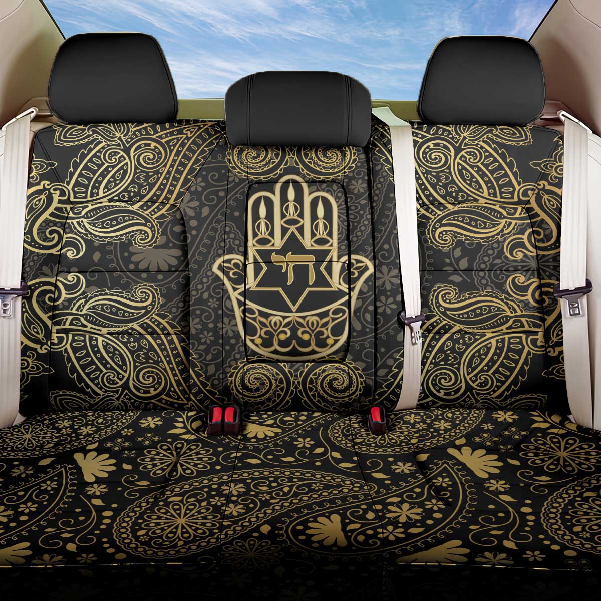 Jewish Hamsa Chai Back Car Seat Cover Gold Paisley Pattern