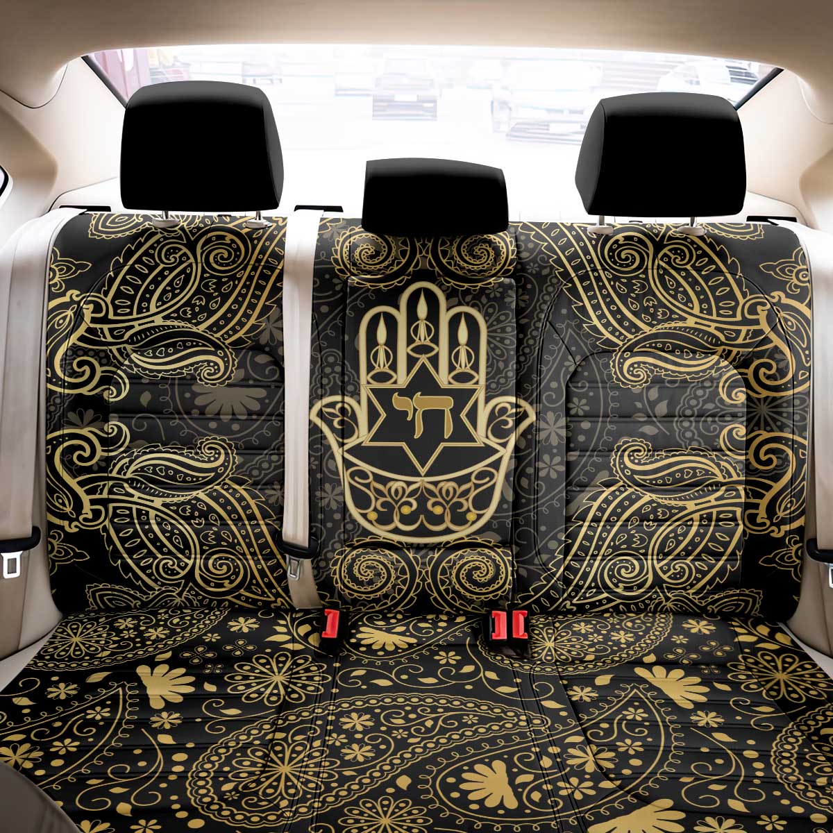 Jewish Hamsa Chai Back Car Seat Cover Gold Paisley Pattern