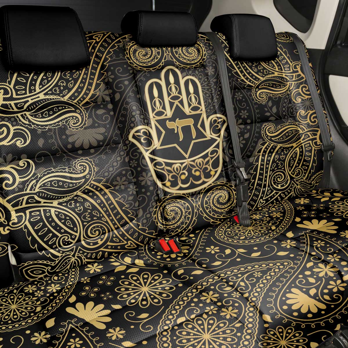 Jewish Hamsa Chai Back Car Seat Cover Gold Paisley Pattern