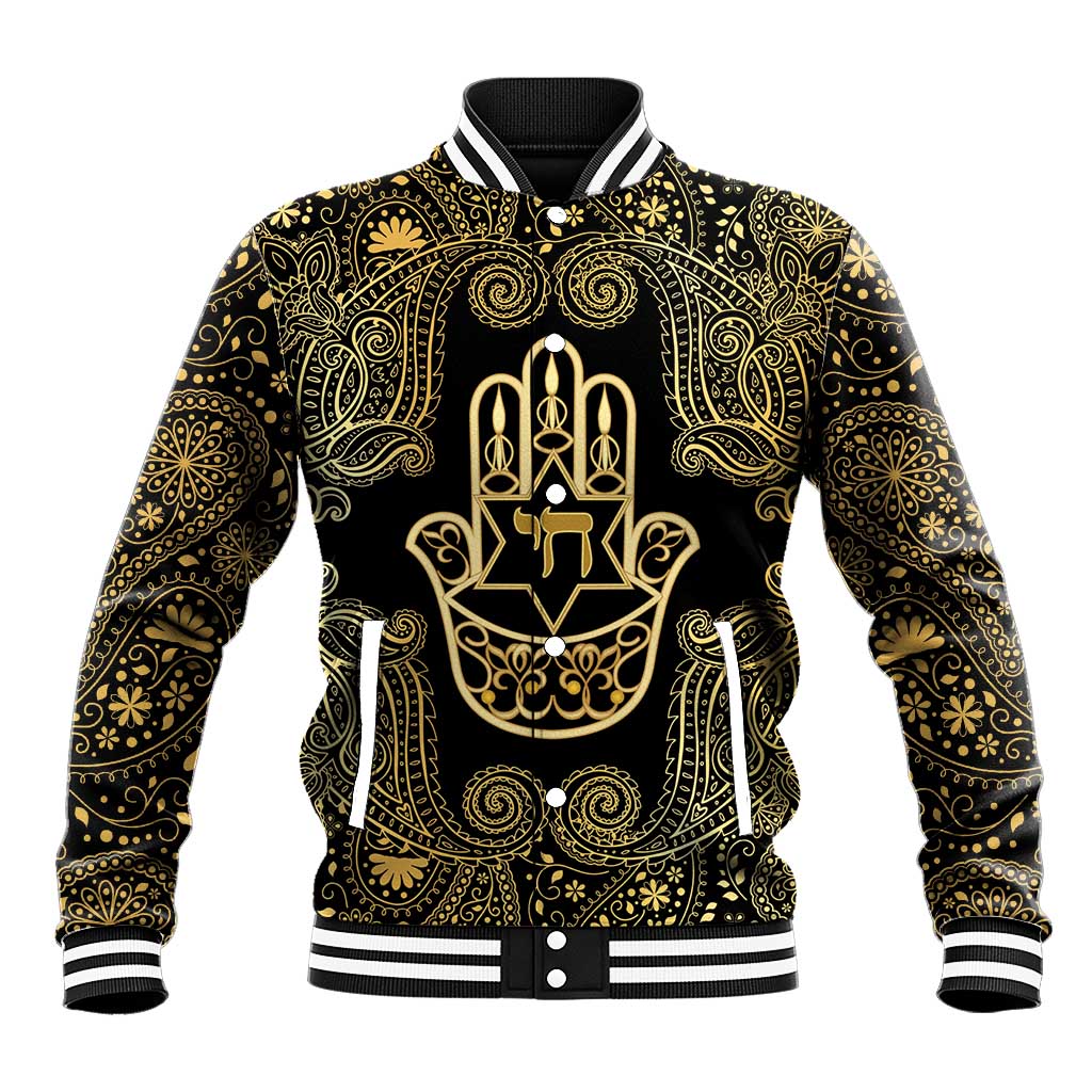 Jewish Hamsa Chai Baseball Jacket Gold Paisley Pattern