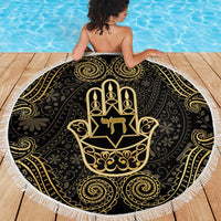 Jewish Hamsa Chai Beach Blanket Gold Paisley Pattern