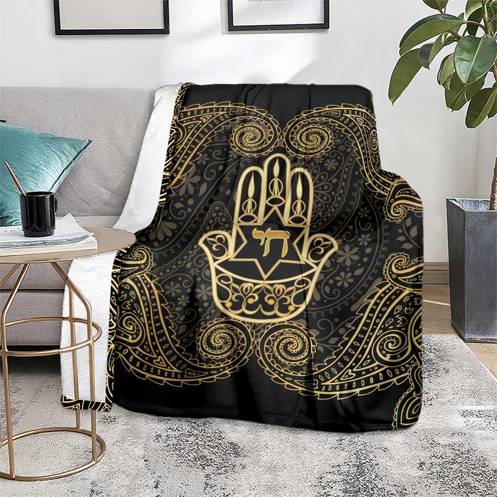 Jewish Hamsa Chai Blanket Gold Paisley Pattern