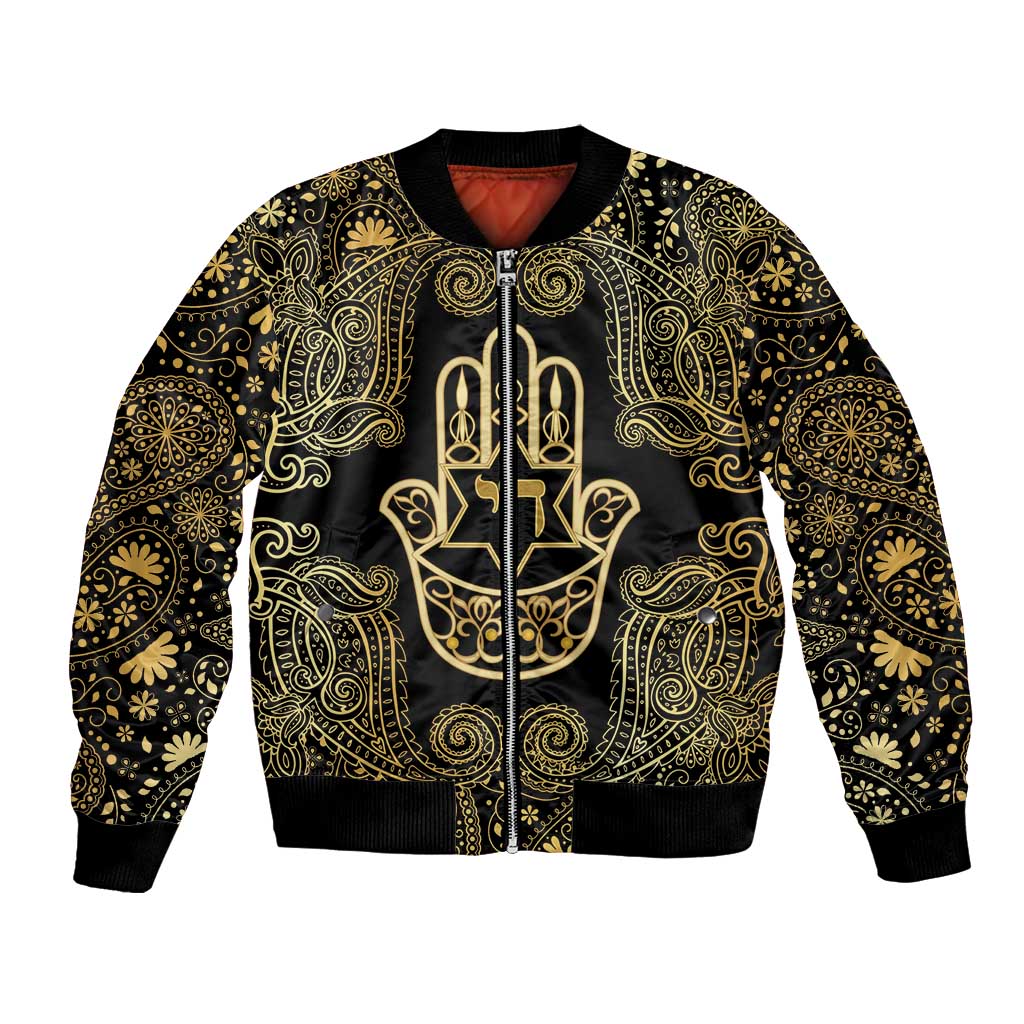 Jewish Hamsa Chai Bomber Jacket Gold Paisley Pattern