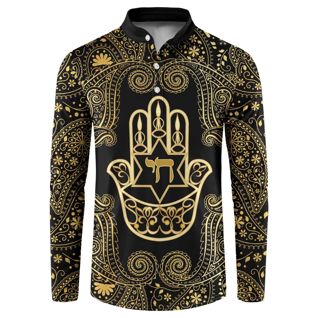 Jewish Hamsa Chai Button Sweatshirt Gold Paisley Pattern