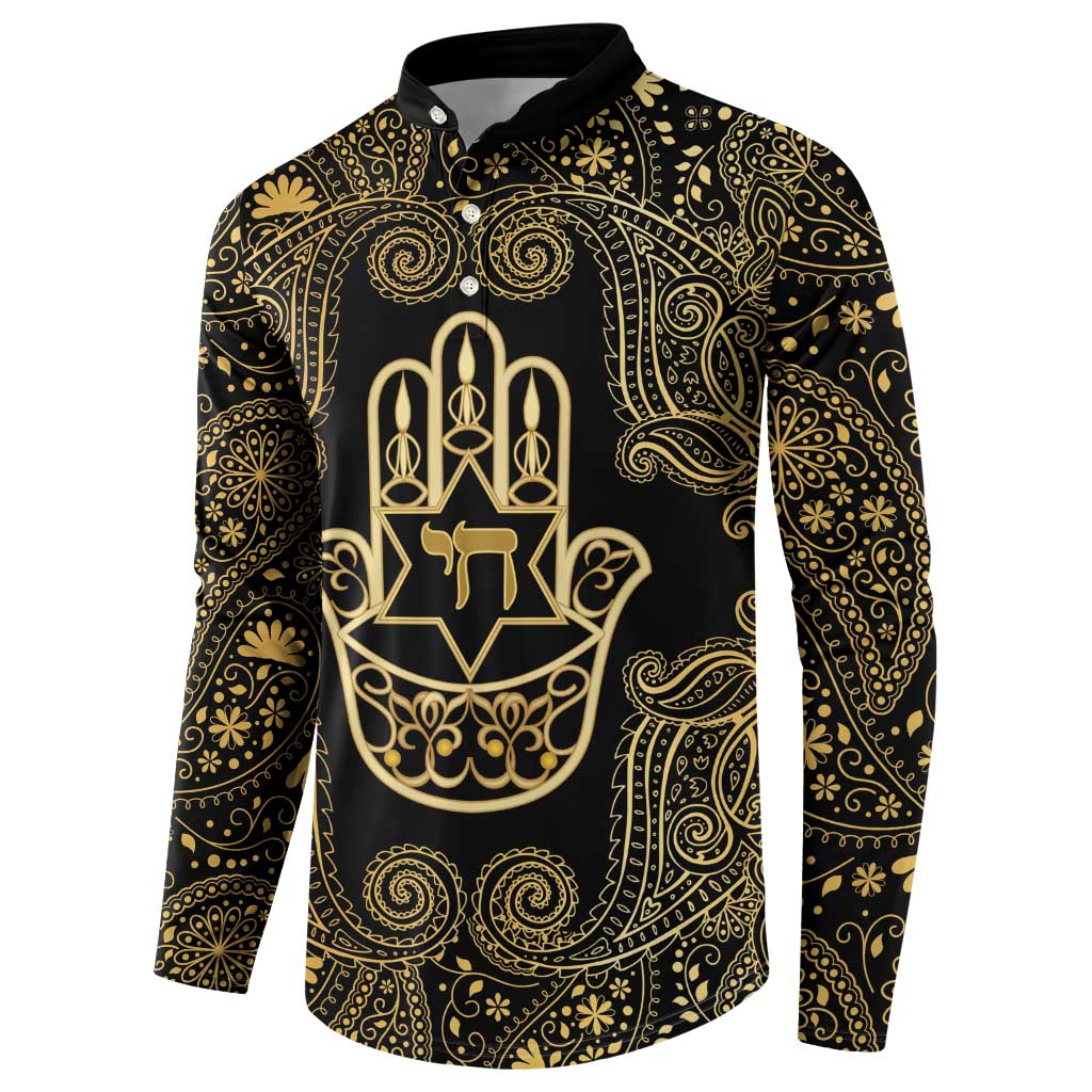 Jewish Hamsa Chai Button Sweatshirt Gold Paisley Pattern